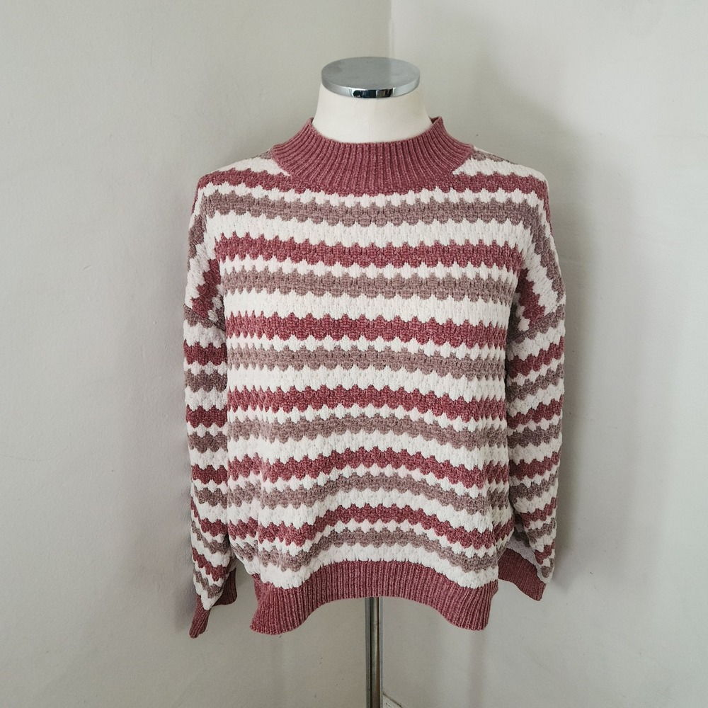 Line and Dot Womens‎ XS Mauve Pink Striped Chenille Mock Neck Sweater